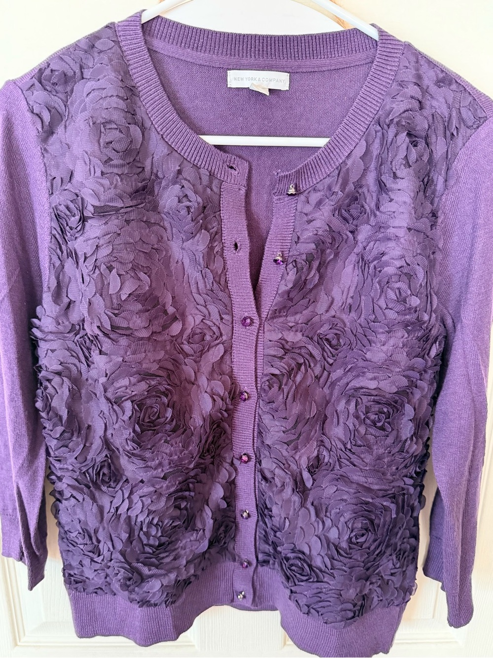 New York & Company Lavender Purple 3D Floral Appliqué Cardigan
